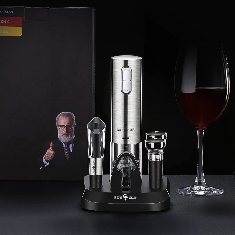 LFGB Certification Electric Red Wine Bottle Opener Set Luxury Corkscrew Pour Tube Stopper Well Packaged Neighbor Gift Box