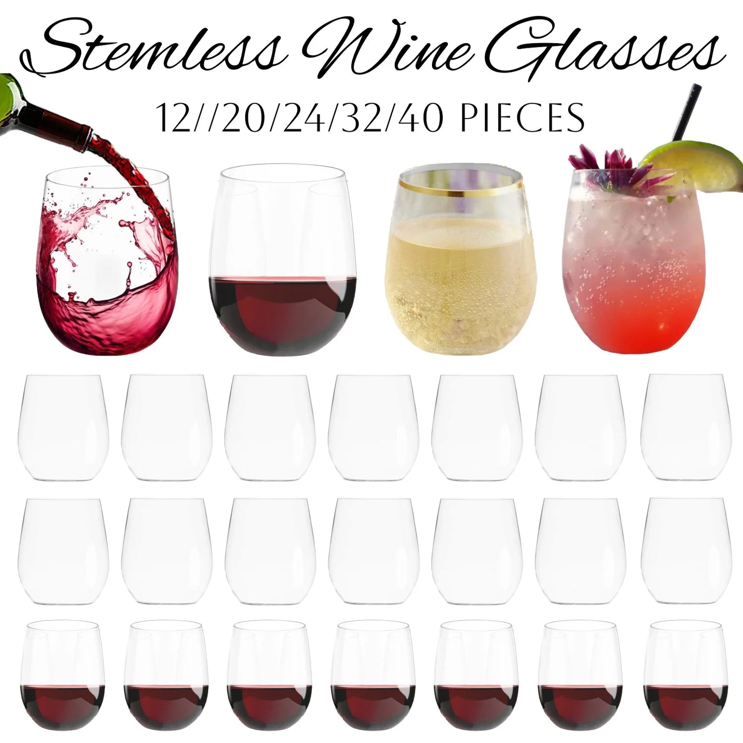 12-40Pcs 12oz Plastic Wine Glasses Disposable Stemless Wine Glasses