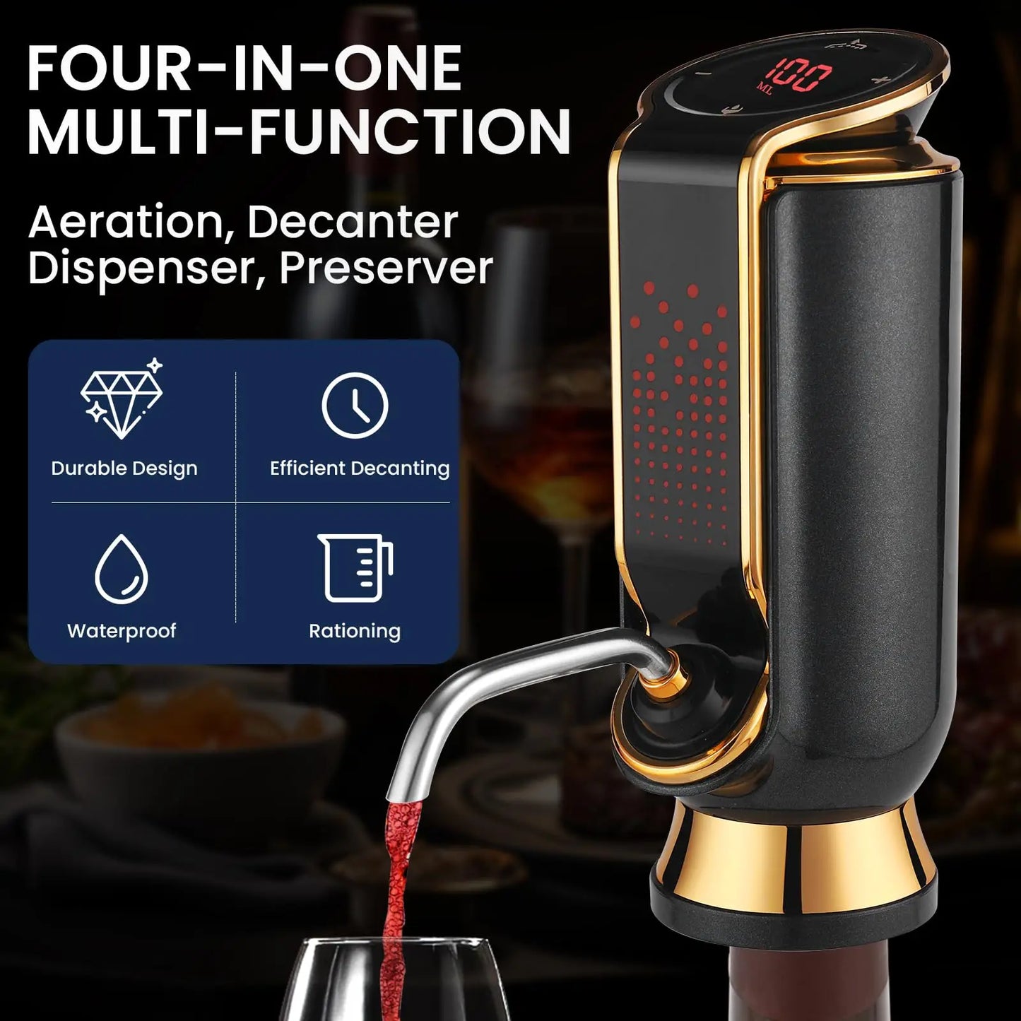 Luxurious 4-in-1 Electric Wine Aerator Decanter Dispenser & Vacuum Saver with LED Display Wine Pourer Gift for Women Wine Lover