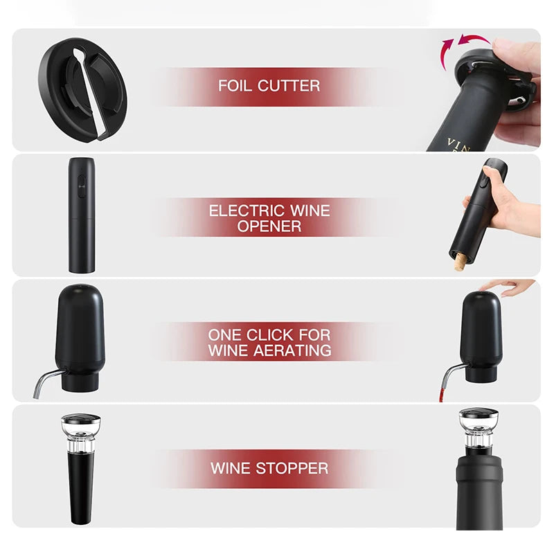 Intelligent Electric Wine Aerator 4-In-1 Wine Set Operated Automatic Corkscrew Foil Cutter And Vacuum Wine Stopper Bar Tools