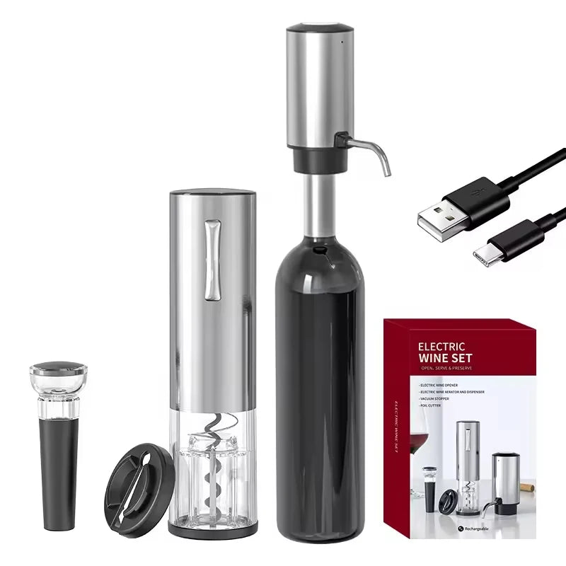4-in-1 Lithium Rechargeable Electric Bottle Wine Opener Set, Wine Aerator Pourer,Foil cutter,Wine stopper