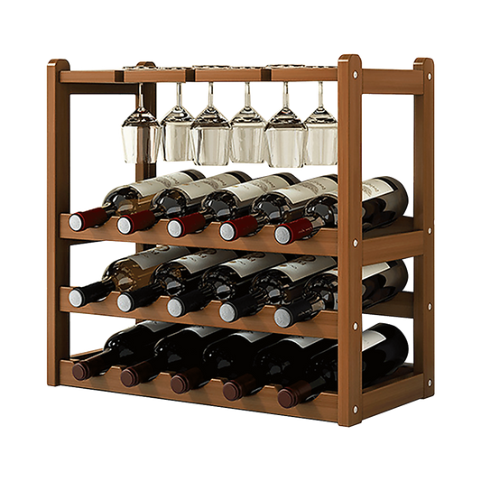 Bamboo Wine Rack Free Standing 15 Bottles with 6 Glasses Holder Storage in Dark Brown